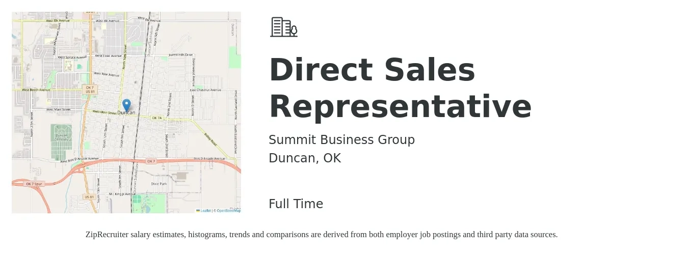 Summit Business Group job posting for a Direct Sales Representative in Duncan, OK with a salary of $48,600 to $72,200 Yearly with a map of Duncan location.