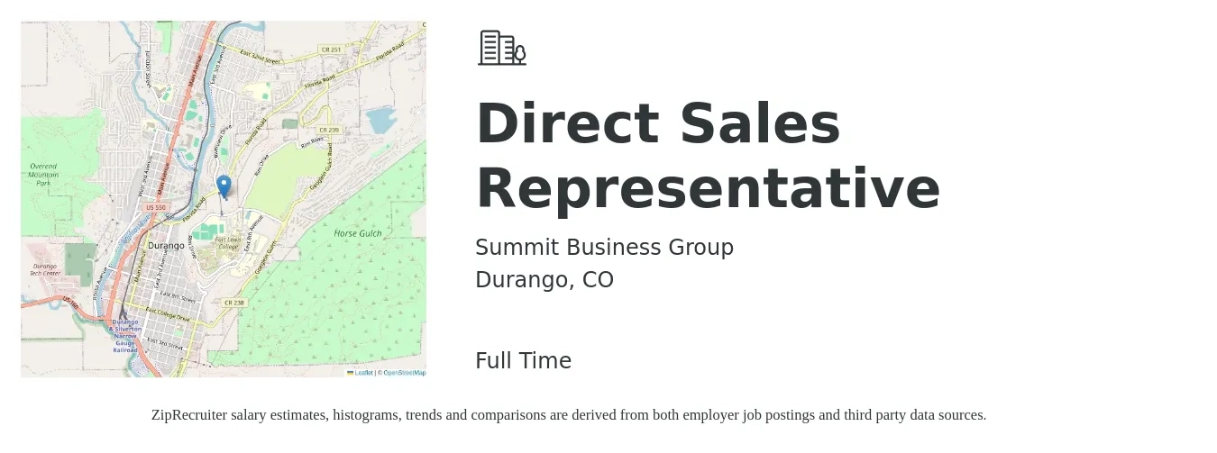 Summit Business Group job posting for a Direct Sales Representative in Durango, CO with a salary of $47,100 to $69,900 Yearly with a map of Durango location.