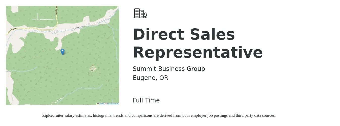 Summit Business Group job posting for a Direct Sales Representative in Eugene, OR with a salary of $50,700 to $75,300 Yearly with a map of Eugene location.