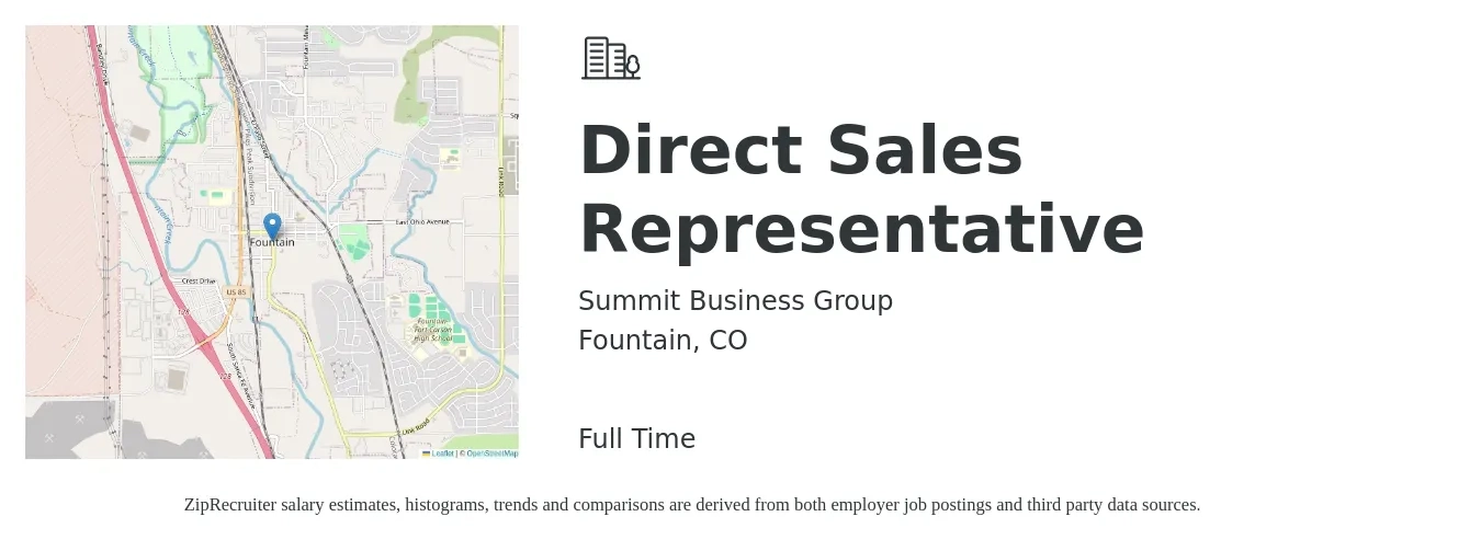 Summit Business Group job posting for a Direct Sales Representative in Fountain, CO with a salary of $47,700 to $70,900 Yearly with a map of Fountain location.
