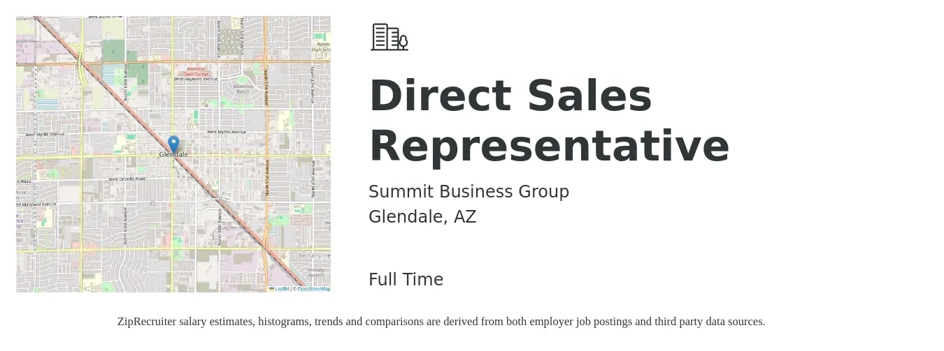 Summit Business Group job posting for a Direct Sales Representative in Glendale, AZ with a salary of $50,200 to $74,600 Yearly with a map of Glendale location.