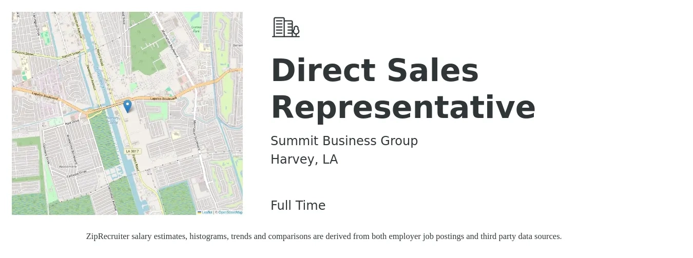 Summit Business Group job posting for a Direct Sales Representative in Harvey, LA with a salary of $43,200 to $64,100 Yearly with a map of Harvey location.