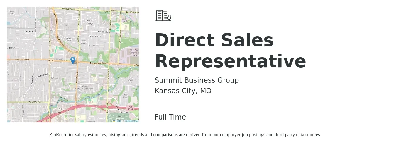 Summit Business Group job posting for a Direct Sales Representative in Kansas City, MO with a salary of $49,300 to $73,200 Yearly with a map of Kansas City location.
