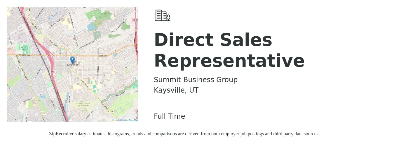 Summit Business Group job posting for a Direct Sales Representative in Kaysville, UT with a salary of $45,900 to $68,200 Yearly with a map of Kaysville location.