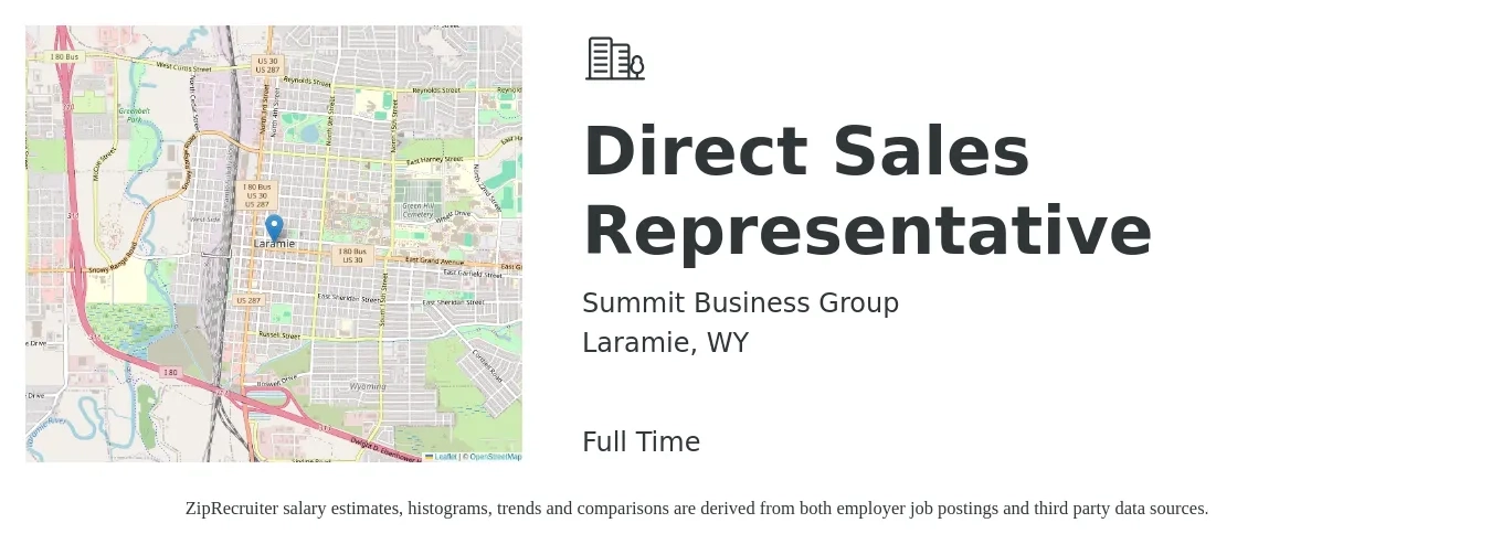 Summit Business Group job posting for a Direct Sales Representative in Laramie, WY with a salary of $50,900 to $75,600 Yearly with a map of Laramie location.