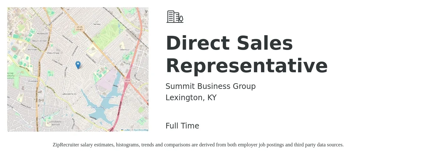Summit Business Group job posting for a Direct Sales Representative in Lexington, KY with a salary of $50,200 to $74,500 Yearly with a map of Lexington location.