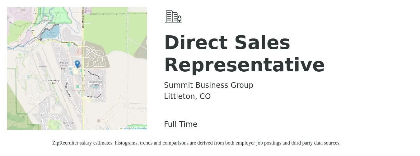 Summit Business Group job posting for a Direct Sales Representative in Littleton, CO with a salary of $50,600 to $75,100 Yearly with a map of Littleton location.