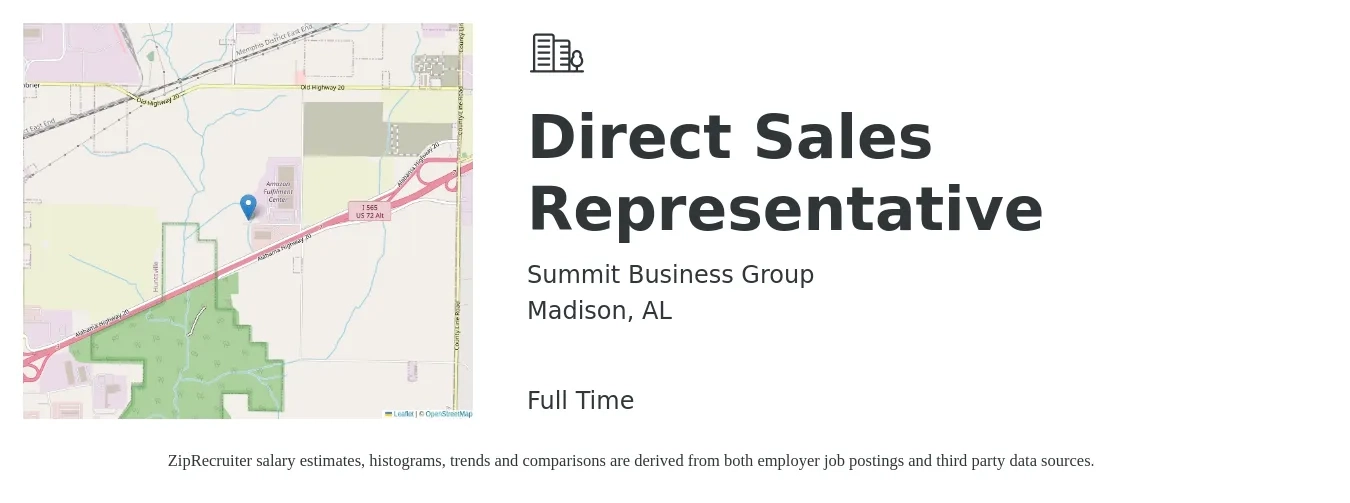 Summit Business Group job posting for a Direct Sales Representative in Madison, AL with a salary of $45,200 to $67,200 Yearly with a map of Madison location.