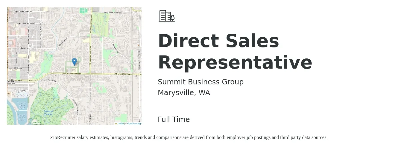 Summit Business Group job posting for a Direct Sales Representative in Marysville, WA with a salary of $55,500 to $82,500 Yearly with a map of Marysville location.