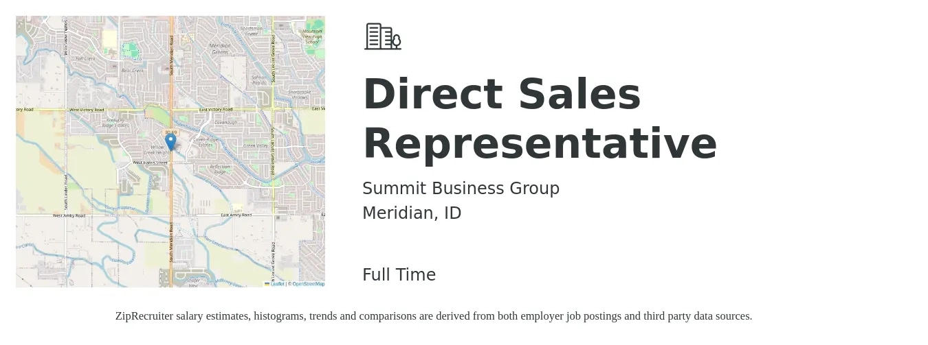 Summit Business Group job posting for a Direct Sales Representative in Meridian, ID with a salary of $49,000 to $72,700 Yearly with a map of Meridian location.