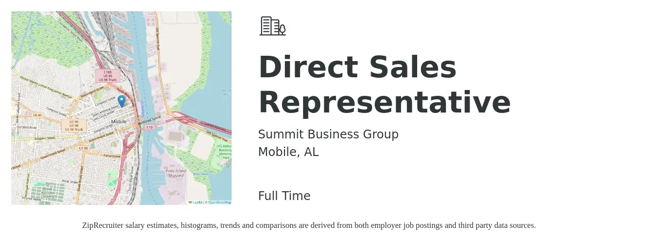 Summit Business Group job posting for a Direct Sales Representative in Mobile, AL with a salary of $50,100 to $74,400 Yearly with a map of Mobile location.