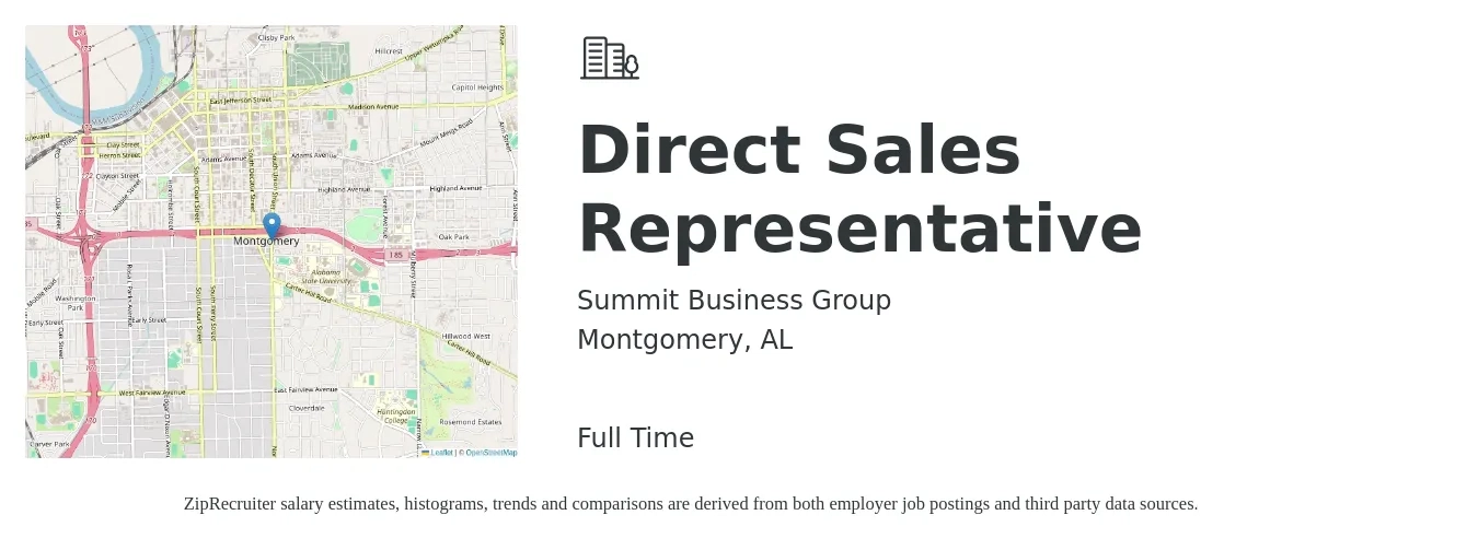 Summit Business Group job posting for a Direct Sales Representative in Montgomery, AL with a salary of $50,000 to $74,200 Yearly with a map of Montgomery location.
