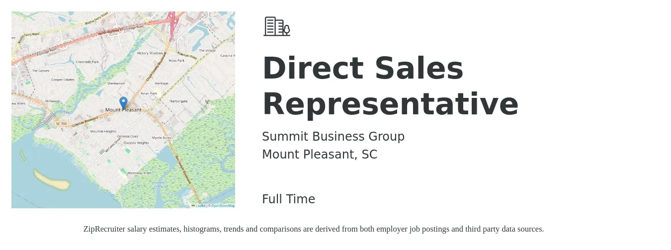Summit Business Group job posting for a Direct Sales Representative in Mount Pleasant, SC with a salary of $48,300 to $71,700 Yearly with a map of Mount Pleasant location.