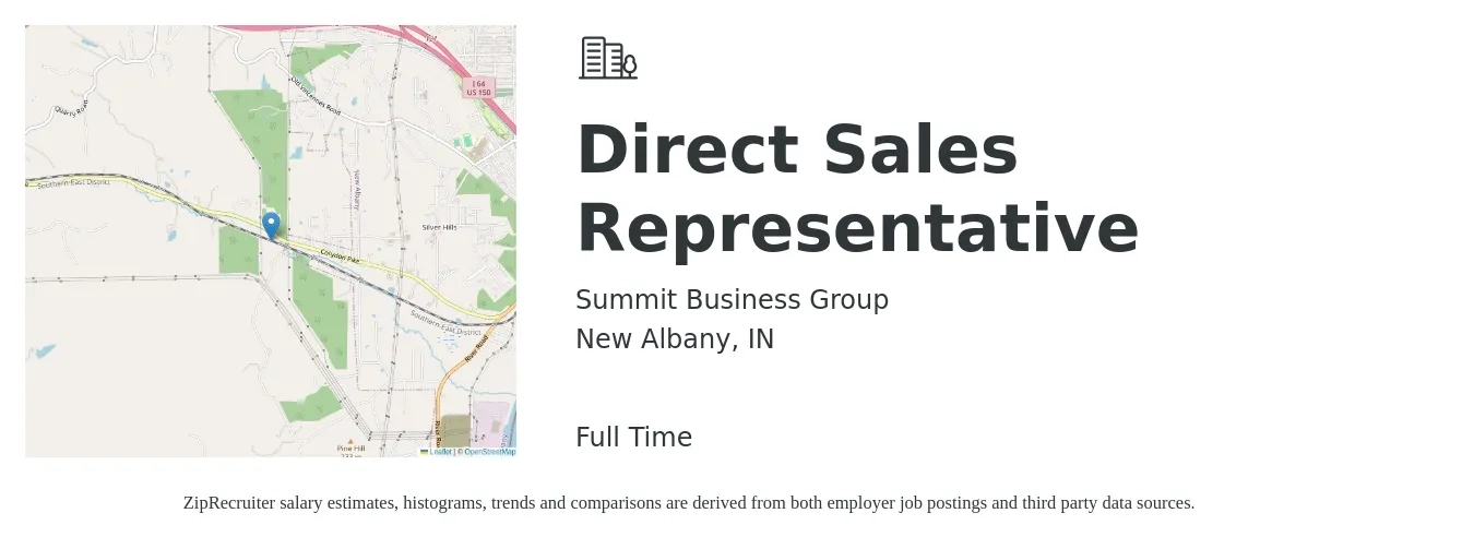 Summit Business Group job posting for a Direct Sales Representative in New Albany, IN with a salary of $46,700 to $69,400 Yearly with a map of New Albany location.