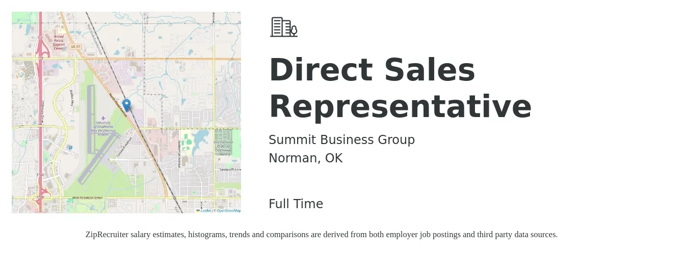 Summit Business Group job posting for a Direct Sales Representative in Norman, OK with a salary of $44,100 to $65,500 Yearly with a map of Norman location.