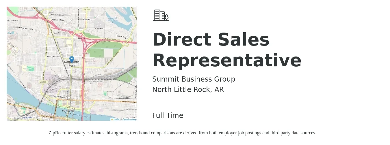 Summit Business Group job posting for a Direct Sales Representative in North Little Rock, AR with a salary of $48,200 to $71,600 Yearly with a map of North Little Rock location.