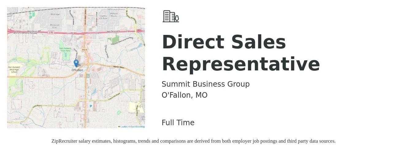 Summit Business Group job posting for a Direct Sales Representative in O'Fallon, MO with a salary of $47,200 to $70,200 Yearly with a map of O'Fallon location.