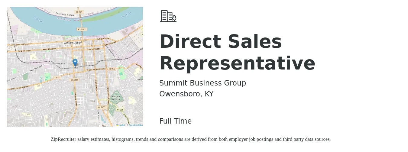 Summit Business Group job posting for a Direct Sales Representative in Owensboro, KY with a salary of $50,000 to $74,200 Yearly with a map of Owensboro location.