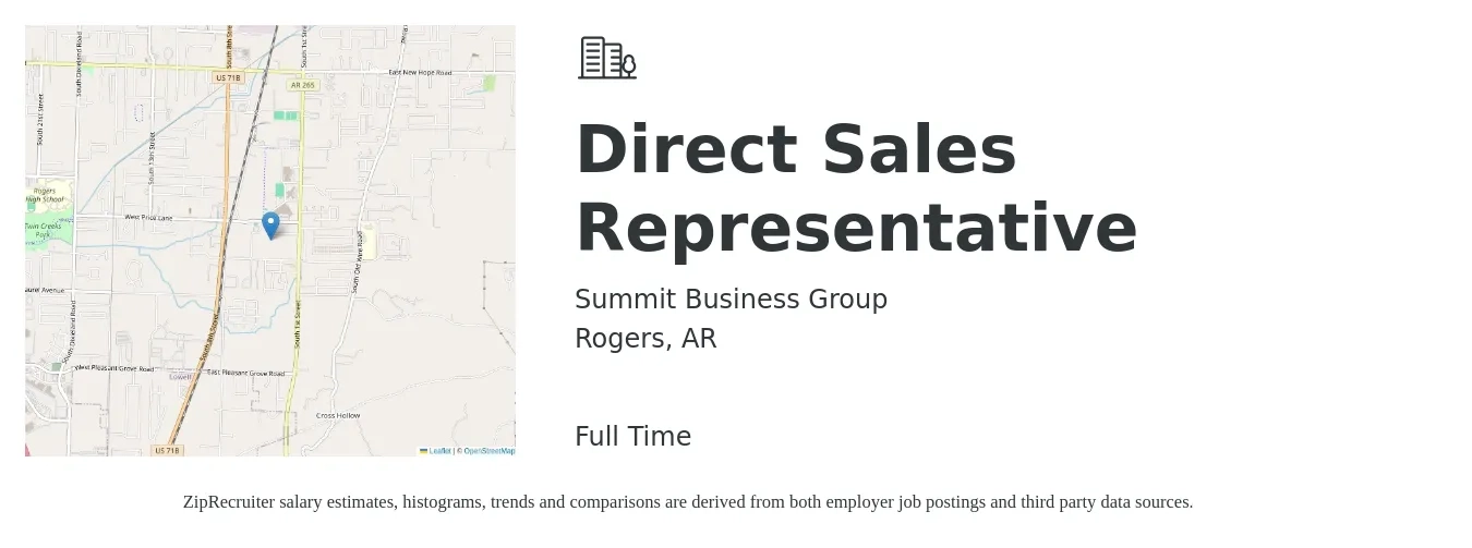 Summit Business Group job posting for a Direct Sales Representative in Rogers, AR with a salary of $42,300 to $62,800 Yearly with a map of Rogers location.