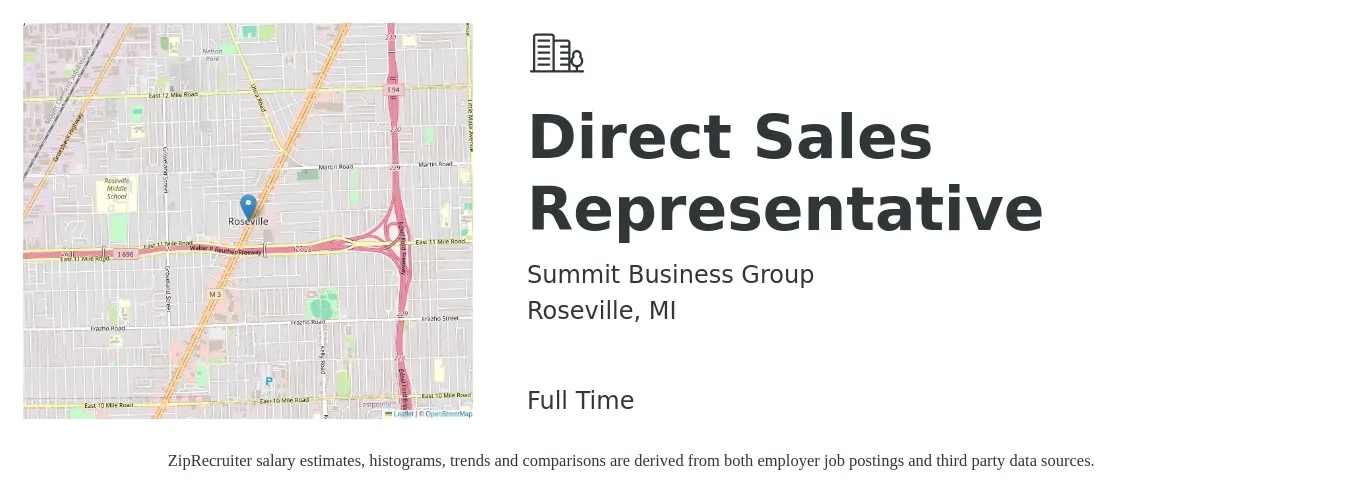 Summit Business Group job posting for a Direct Sales Representative in Roseville, MI with a salary of $45,800 to $68,000 Yearly with a map of Roseville location.