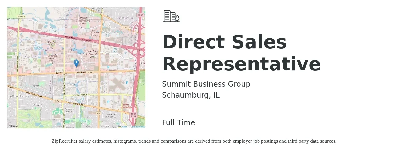 Summit Business Group job posting for a Direct Sales Representative in Schaumburg, IL with a salary of $49,600 to $73,600 Yearly with a map of Schaumburg location.