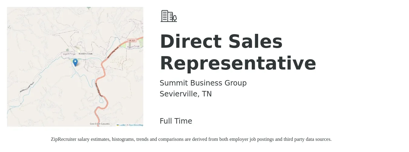 Summit Business Group job posting for a Direct Sales Representative in Sevierville, TN with a salary of $42,700 to $63,500 Yearly with a map of Sevierville location.