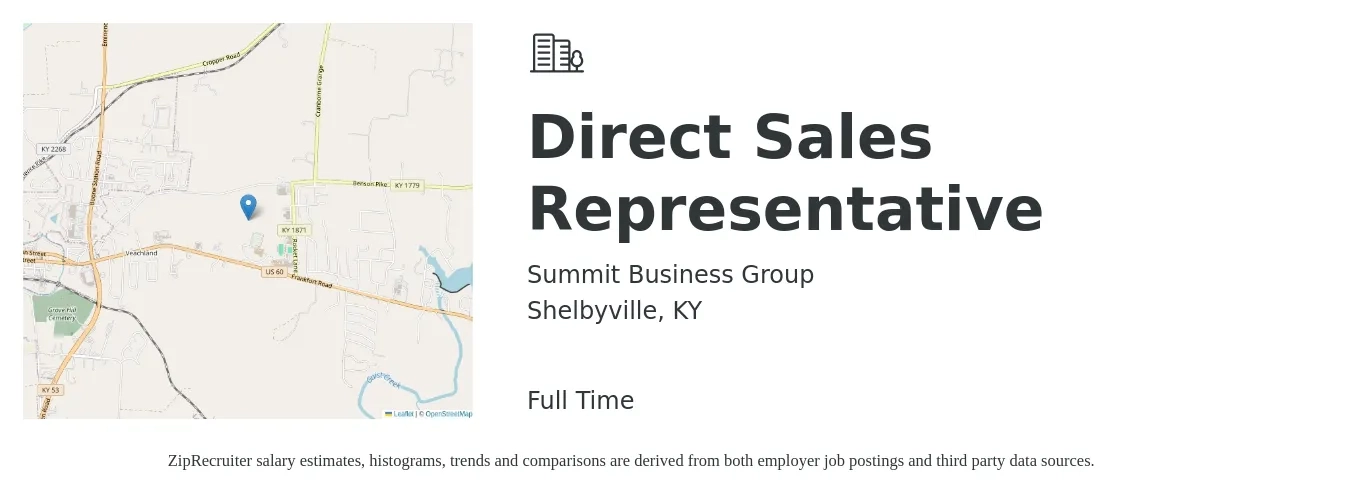 Summit Business Group job posting for a Direct Sales Representative in Shelbyville, KY with a salary of $46,900 to $69,600 Yearly with a map of Shelbyville location.