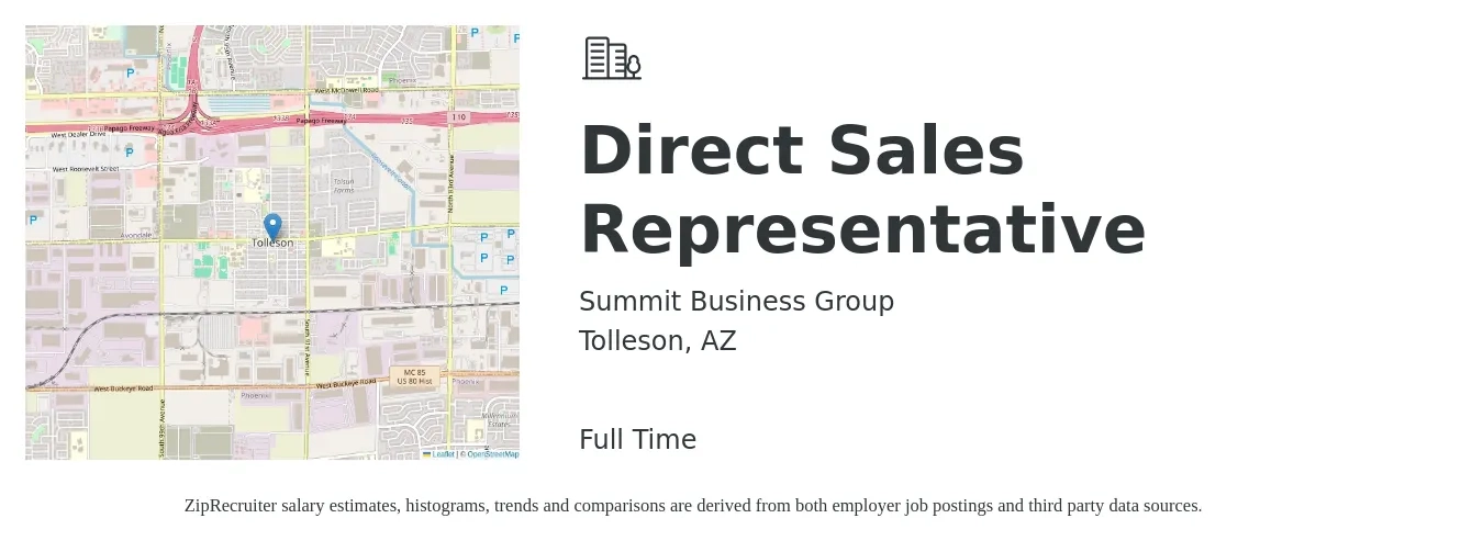 Summit Business Group job posting for a Direct Sales Representative in Tolleson, AZ with a salary of $49,600 to $73,700 Yearly with a map of Tolleson location.
