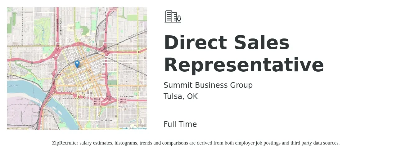 Summit Business Group job posting for a Direct Sales Representative in Tulsa, OK with a salary of $46,100 to $68,500 Yearly with a map of Tulsa location.