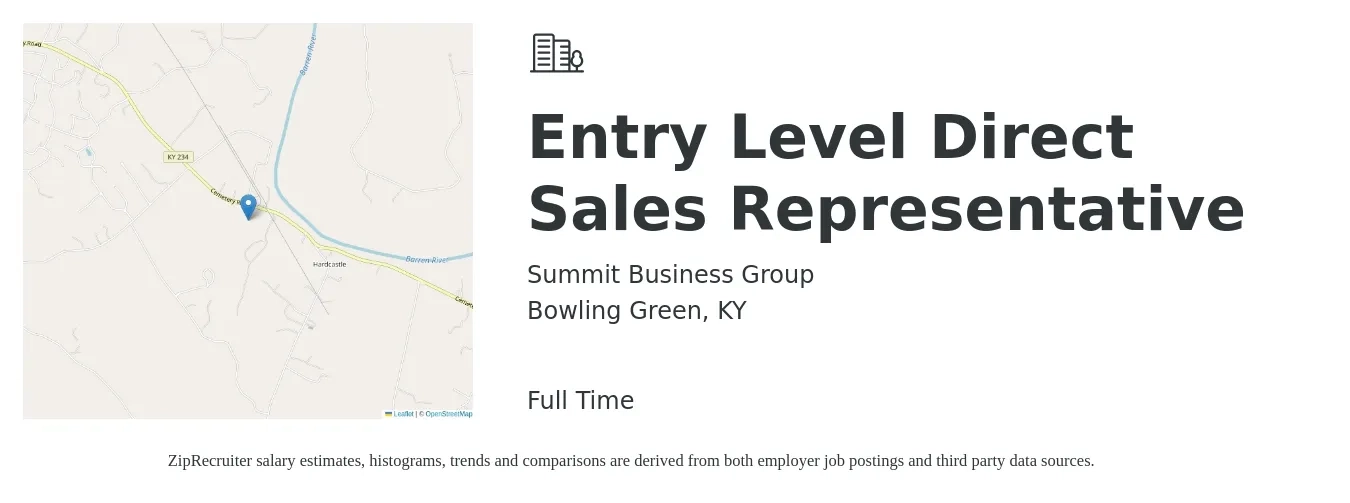 Summit Business Group job posting for a Entry Level Direct Sales Representative in Bowling Green, KY with a salary of $46,100 to $74,000 Yearly with a map of Bowling Green location.