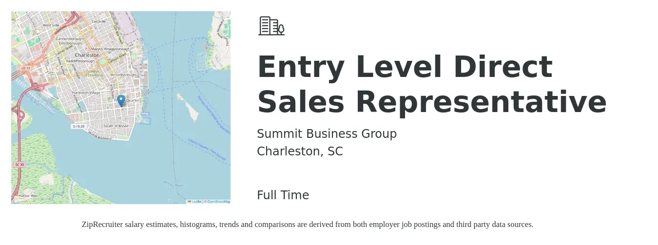 Summit Business Group job posting for a Entry Level Direct Sales Representative in Charleston, SC with a salary of $44,000 to $70,700 Yearly with a map of Charleston location.