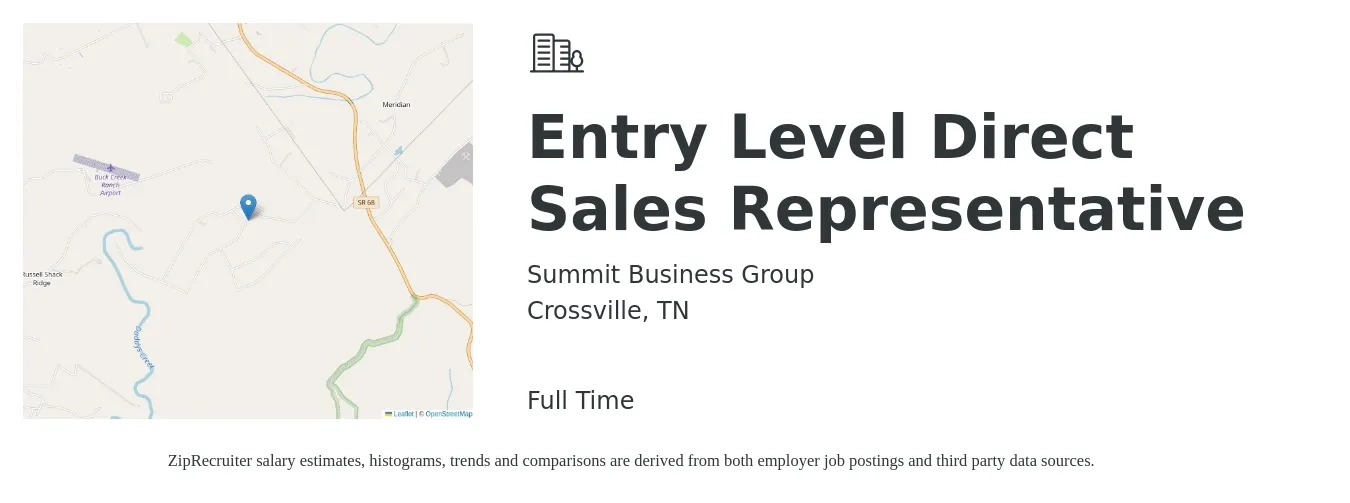 Summit Business Group job posting for a Entry Level Direct Sales Representative in Crossville, TN with a salary of $42,500 to $68,200 Yearly with a map of Crossville location.
