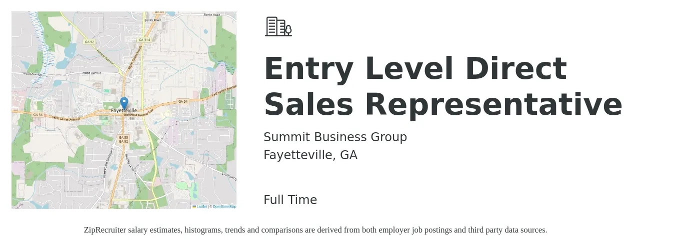 Summit Business Group job posting for a Entry Level Direct Sales Representative in Fayetteville, GA with a salary of $41,300 to $66,300 Yearly with a map of Fayetteville location.