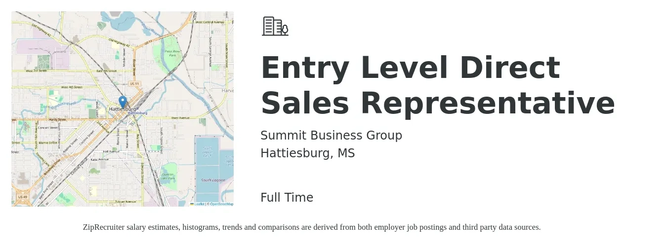 Summit Business Group job posting for a Entry Level Direct Sales Representative in Hattiesburg, MS with a salary of $46,600 to $74,800 Yearly with a map of Hattiesburg location.