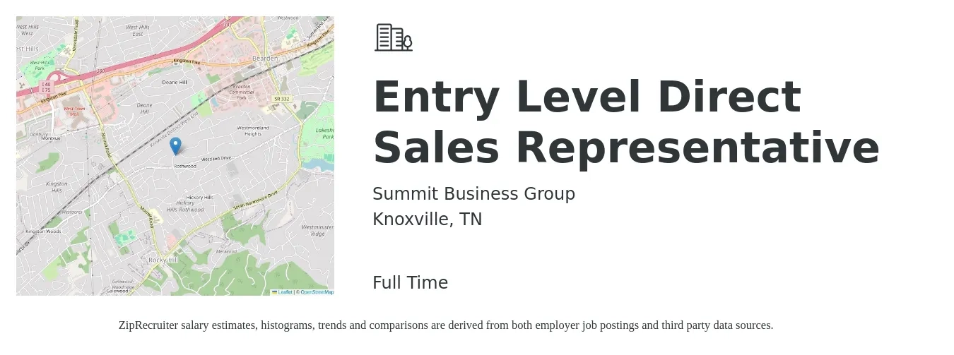 Summit Business Group job posting for a Entry Level Direct Sales Representative in Knoxville, TN with a salary of $44,900 to $72,100 Yearly with a map of Knoxville location.