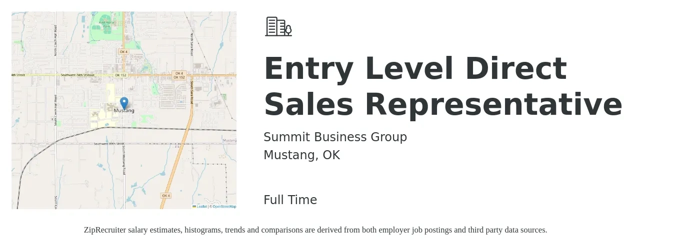 Summit Business Group job posting for a Entry Level Direct Sales Representative in Mustang, OK with a salary of $43,900 to $70,600 Yearly with a map of Mustang location.