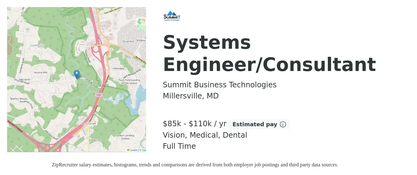 Summit Business Technologies job posting for a Systems Engineer/Consultant in Millersville, MD with a salary of $85,000 to $110,000 Yearly and benefits including dental, life_insurance, medical, retirement, and vision with a map of Millersville location.