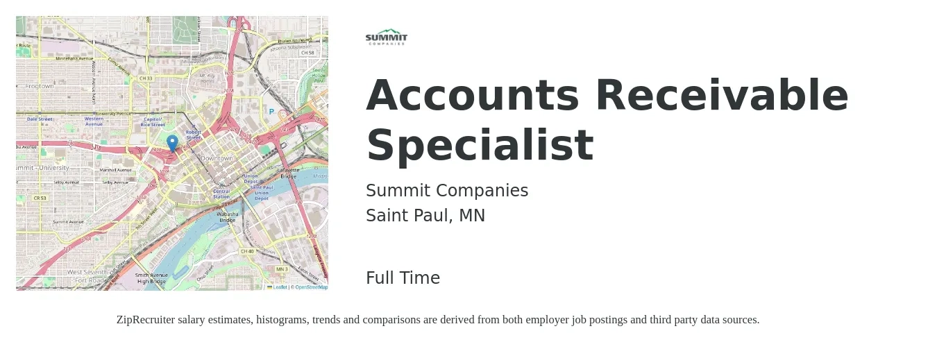 Summit Companies job posting for a Accounts Receivable Specialist in Saint Paul, MN with a salary of $20 to $26 Hourly with a map of Saint Paul location.