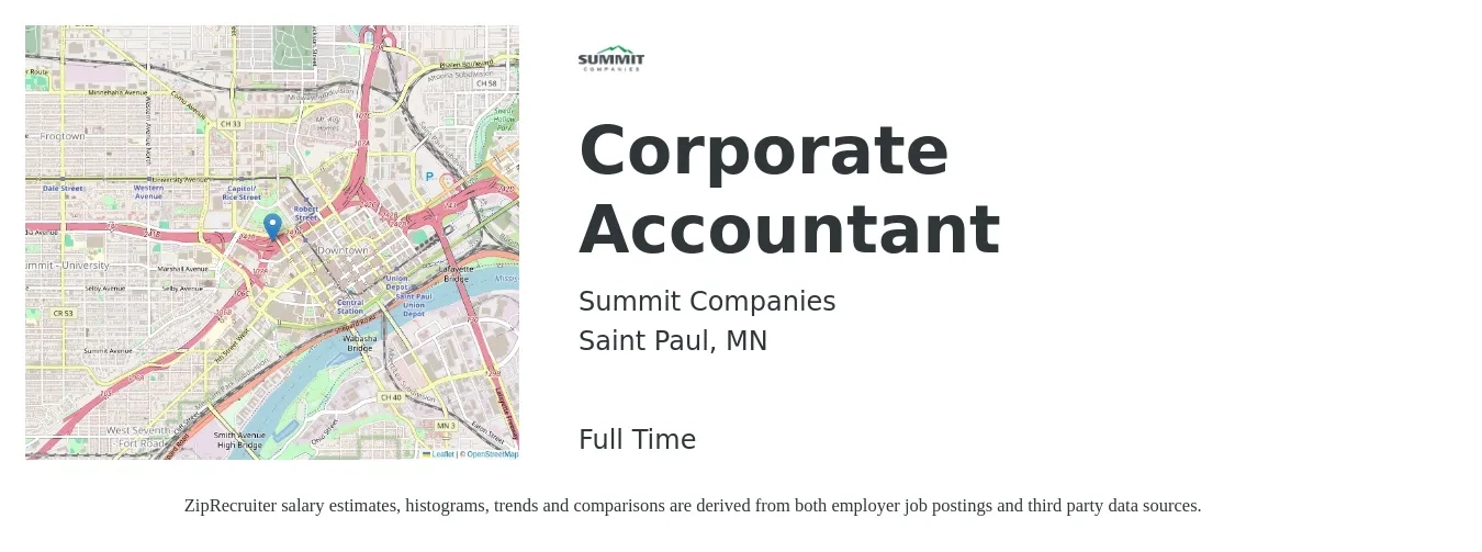 Summit Companies job posting for a Corporate Accountant in Saint Paul, MN with a salary of $63,500 to $85,900 Yearly with a map of Saint Paul location.