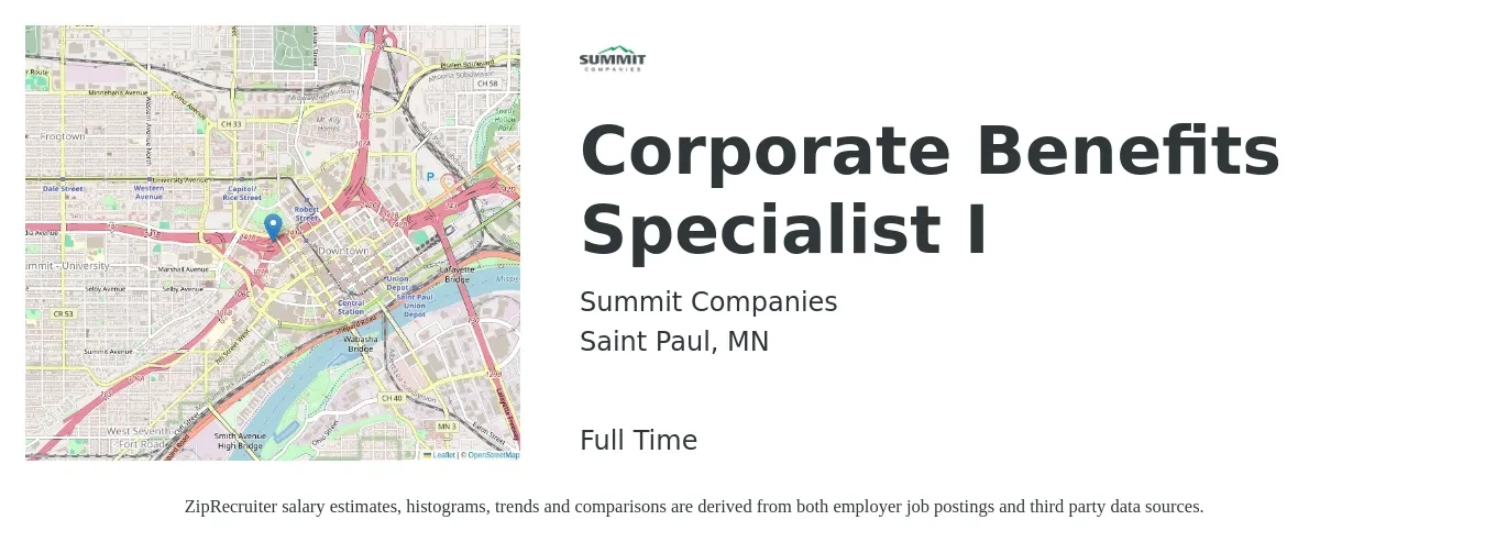 Summit Companies job posting for a Corporate Benefits Specialist I in Saint Paul, MN with a salary of $41,500 to $62,500 Yearly with a map of Saint Paul location.