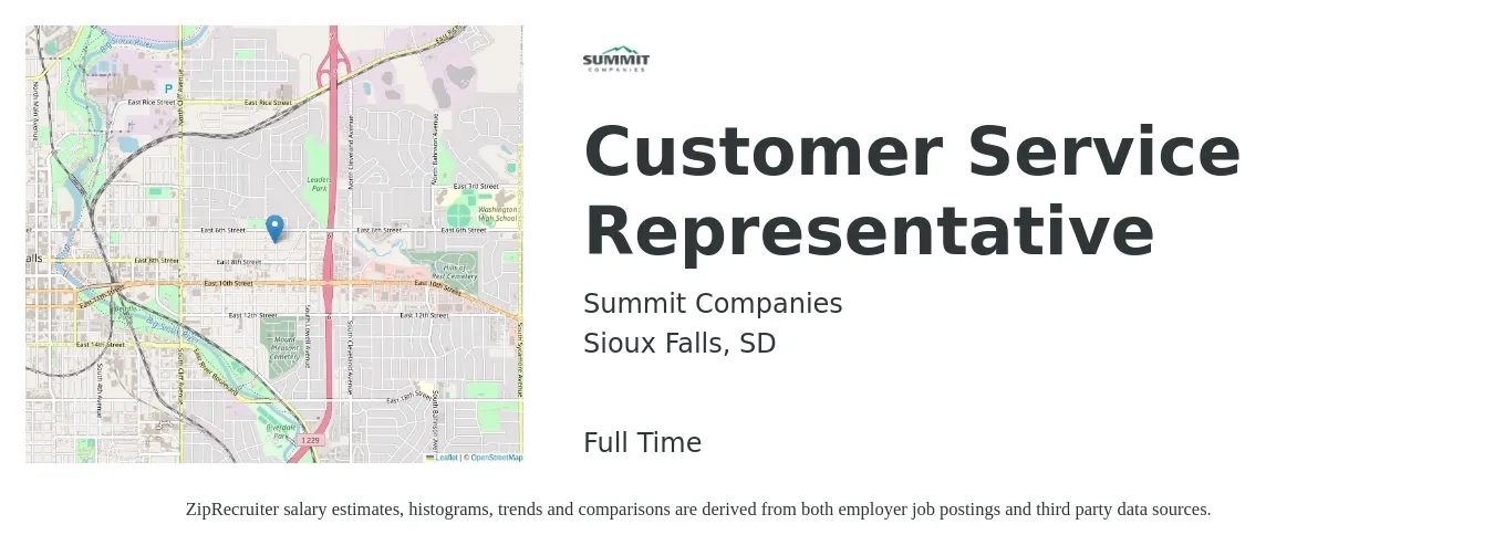 Summit Companies job posting for a Customer Service Representative in Sioux Falls, SD with a salary of $16 to $21 Hourly with a map of Sioux Falls location.