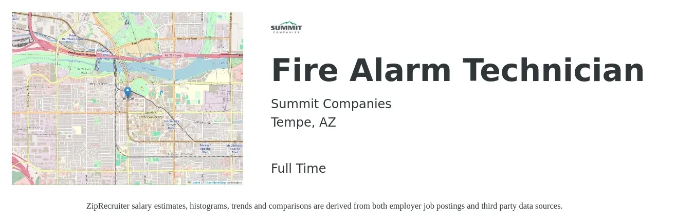 Summit Companies job posting for a Fire Alarm Technician in Tempe, AZ with a salary of $24 to $34 Hourly with a map of Tempe location.