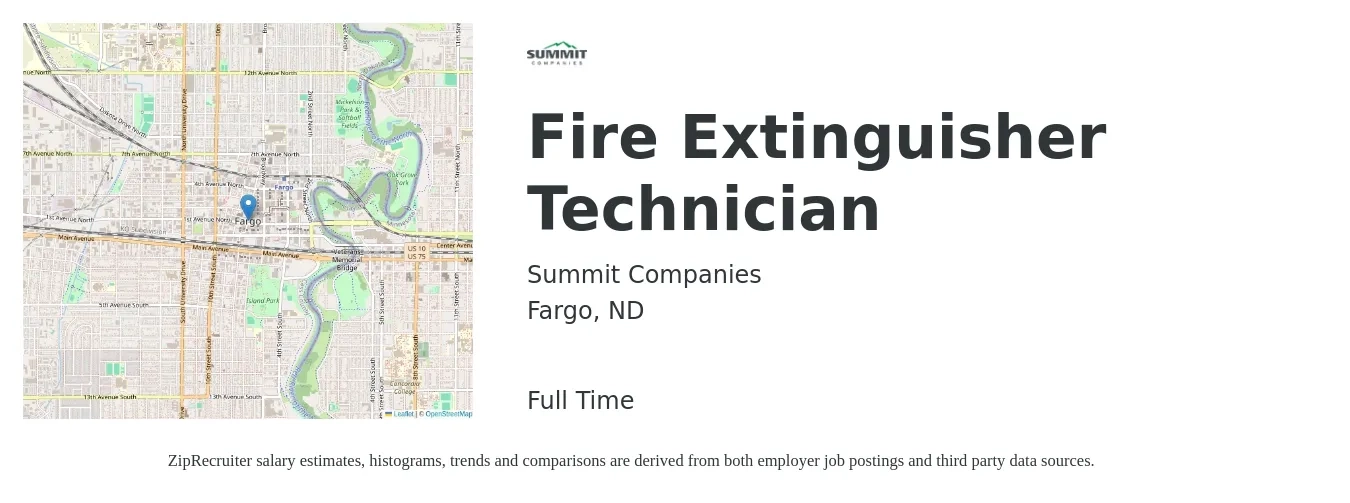 Summit Companies job posting for a Fire Extinguisher Technician in Fargo, ND with a salary of $19 to $27 Hourly with a map of Fargo location.