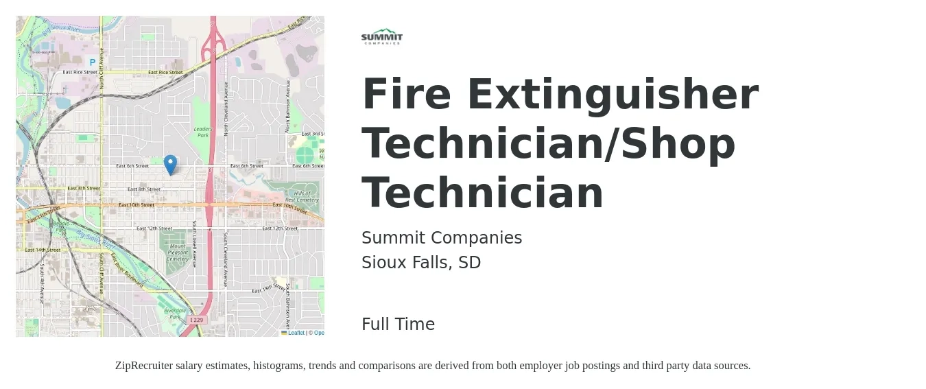 Summit Companies job posting for a Fire Extinguisher Technician/Shop Technician in Sioux Falls, SD with a salary of $19 to $26 Hourly with a map of Sioux Falls location.