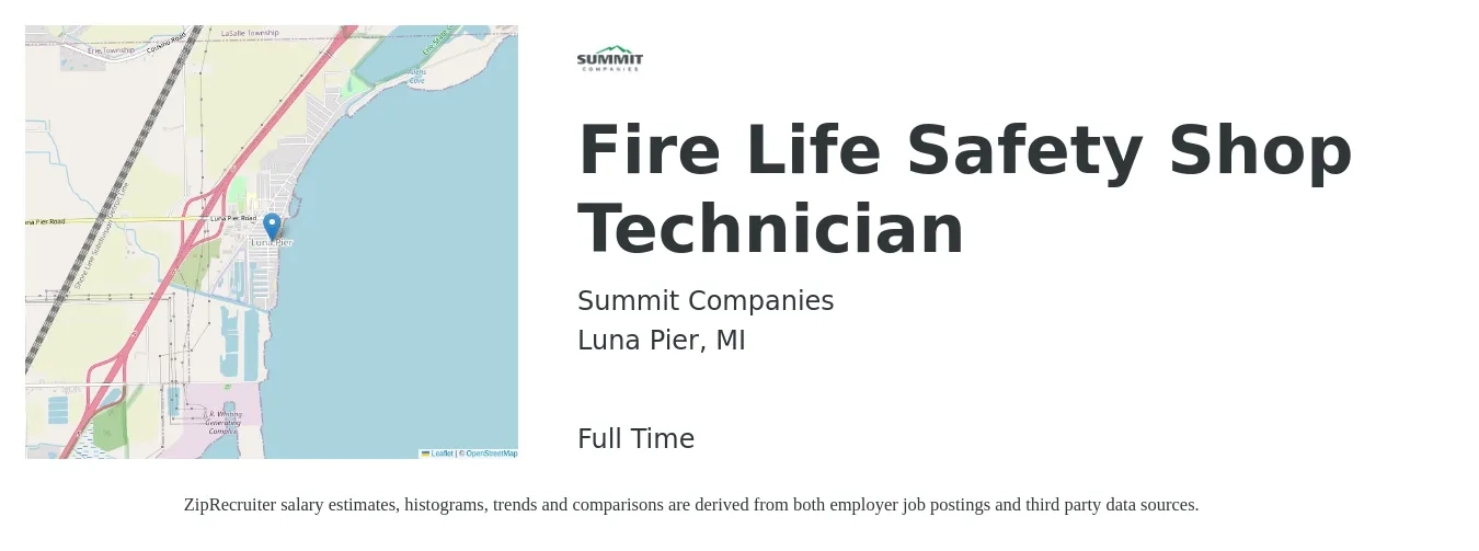 Summit Companies job posting for a Fire Life Safety Shop Technician in Luna Pier, MI with a salary of $36,500 to $49,200 Yearly with a map of Luna Pier location.