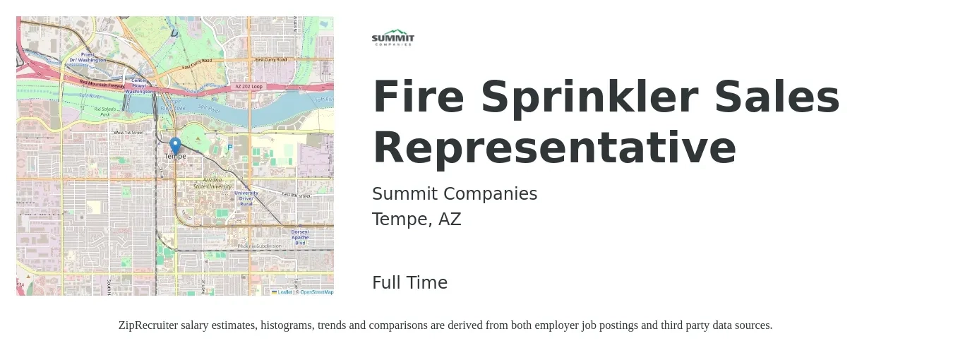 Summit Companies job posting for a Fire Sprinkler Sales Representative in Tempe, AZ with a salary of $47,200 to $70,000 Yearly with a map of Tempe location.