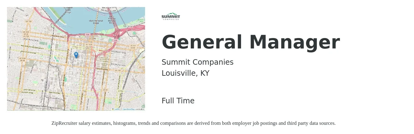 Summit Companies job posting for a General Manager in Louisville, KY with a salary of $45,300 to $67,700 Yearly with a map of Louisville location.