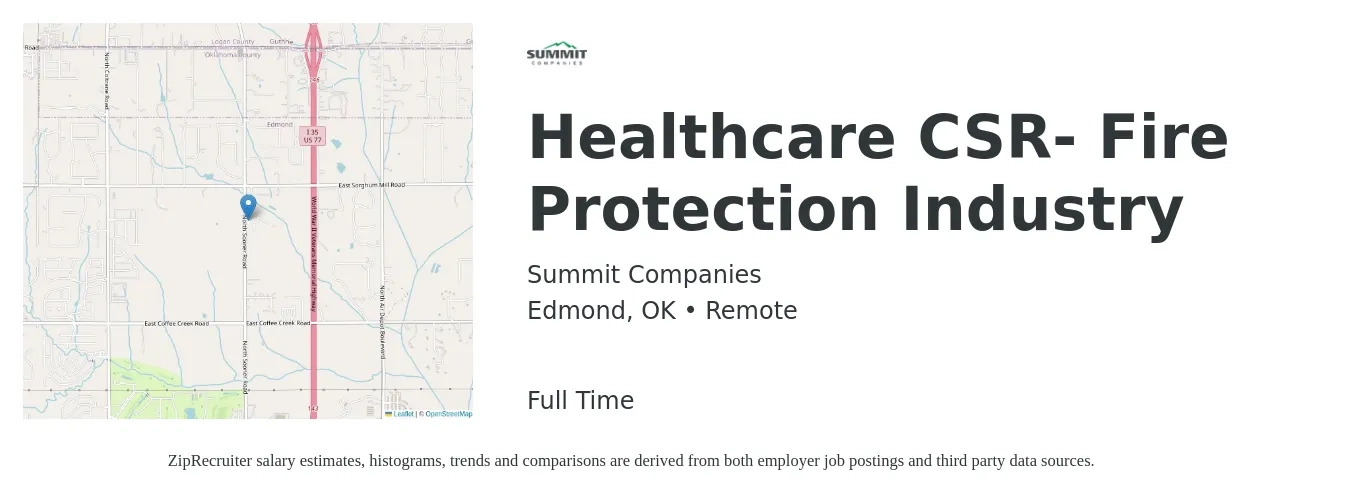 Summit Companies job posting for a Healthcare CSR- Fire Protection Industry in Edmond, OK with a salary of $14 to $18 Hourly with a map of Edmond location.