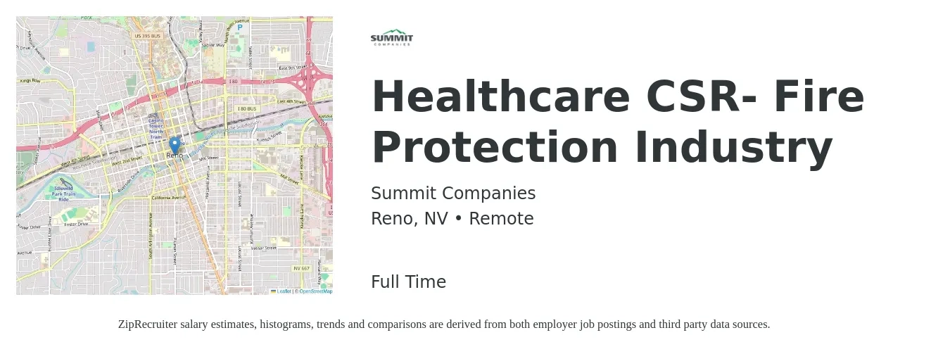 Summit Companies job posting for a Healthcare CSR- Fire Protection Industry in Reno, NV with a salary of $16 to $22 Hourly with a map of Reno location.