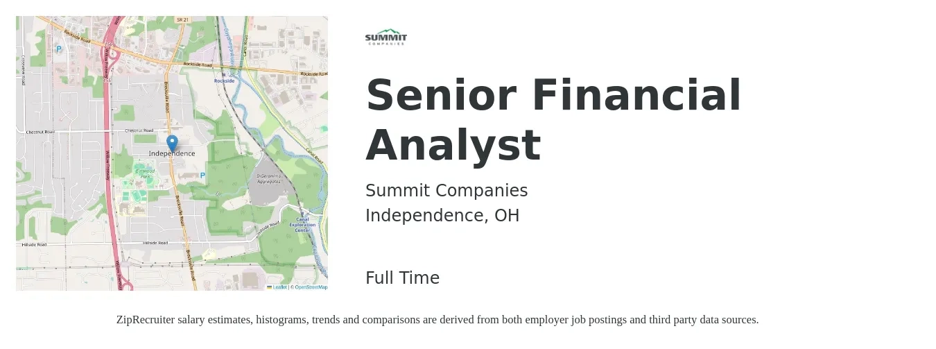 Summit Companies job posting for a Senior Financial Analyst in Independence, OH with a salary of $83,900 to $104,500 Yearly with a map of Independence location.